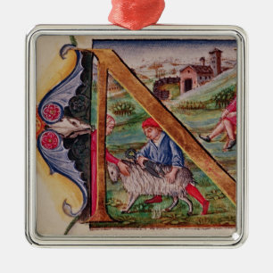 Historiated initial 'N' depicting sheep Metal Ornament