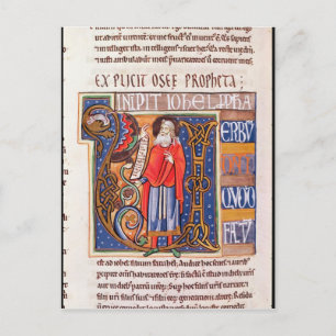 Historiated initial 'U' depicting Joel Postcard