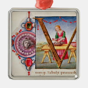 Historiated initial 'V' depicting Metal Ornament