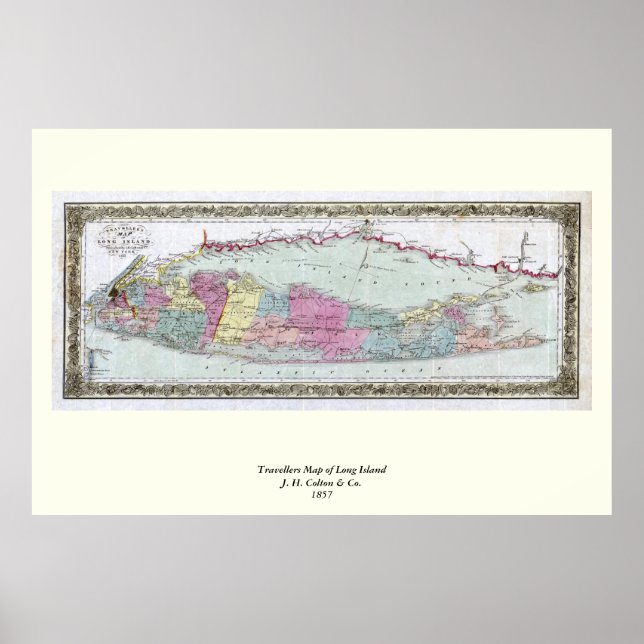 Historic 1855-1857 Travellers Map of Long Island Poster (Front)