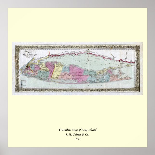 Historic 1855-1857 Travellers Map of Long Island Poster (Front)