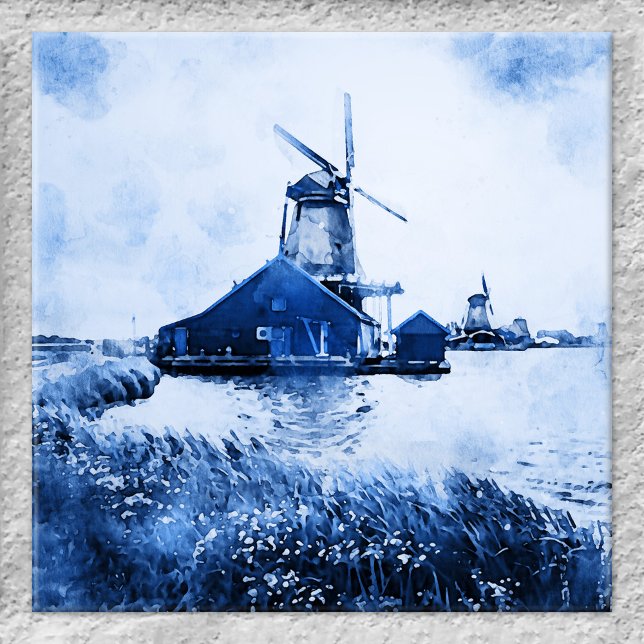 Historic Dutch Mill Watercolor Delft Blue Tile (Tile featuring a stylized watercolor painting of Dutch mills in Delft blue.)