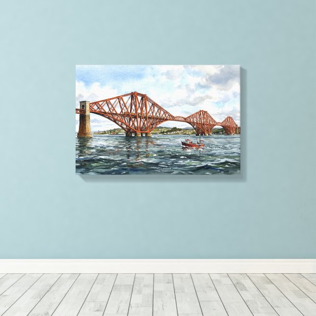 Historic Forth Rail Bridge Scotland Watercolour Canvas Print (Insitu(Wood Floor))