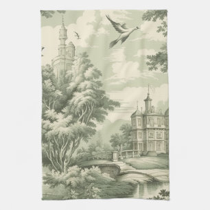 Historic Green French Scenic Toile Pattern Kitchen Towel