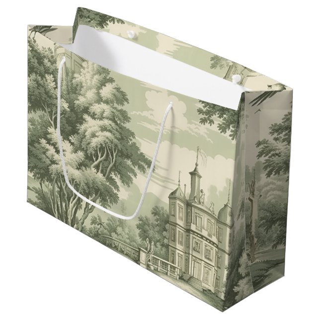 Historic Green French Scenic Toile Pattern Large Gift Bag (Front Angled)