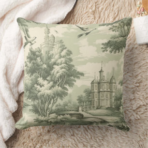 Historic Green French Scenic Toile Pattern Throw Pillow