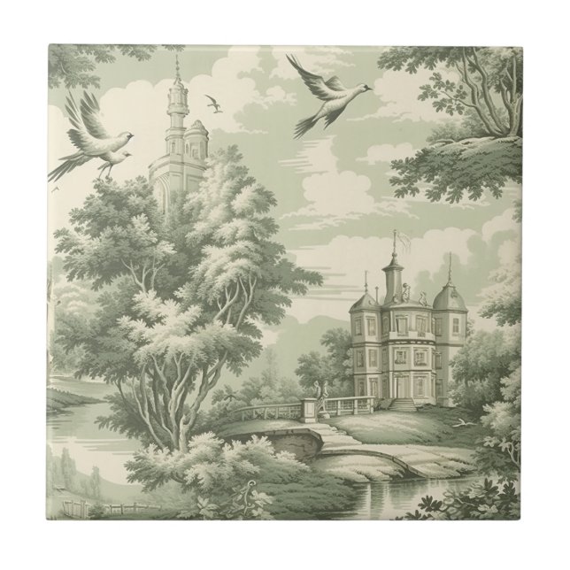 Historic Green French Scenic Toile Pattern Tile (Front)