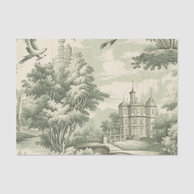 Historic Green French Scenic Toile Pattern Tissue Paper (Front)