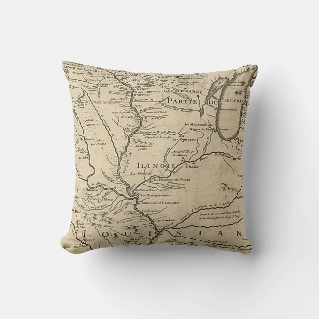 Historic Illinois Map of 1718 Throw Pillow (Front)