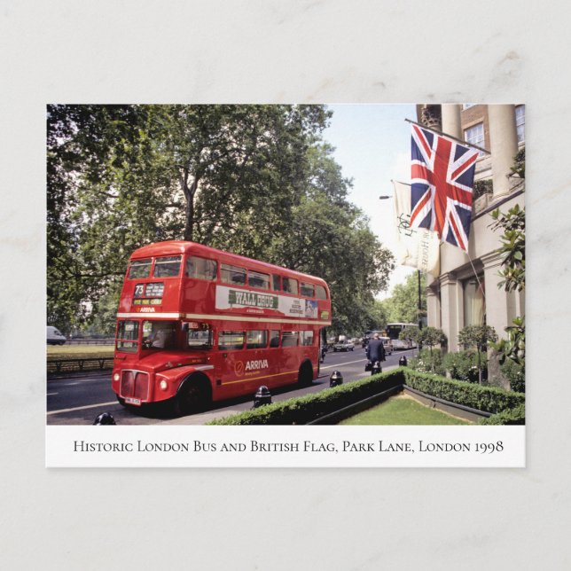 Historic London Bus, British Flag, 1998 Postcard (Front)