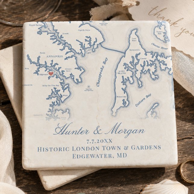 Historic London Town Wedding Edgewater MD Map  Stone Coaster (Historic London Town and Gardens Wedding Favor Annapolis Map Edgewater Keepsake Stone Coaster)