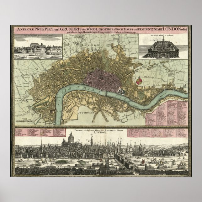 Historic Map of London, England (1740) Poster (Front)