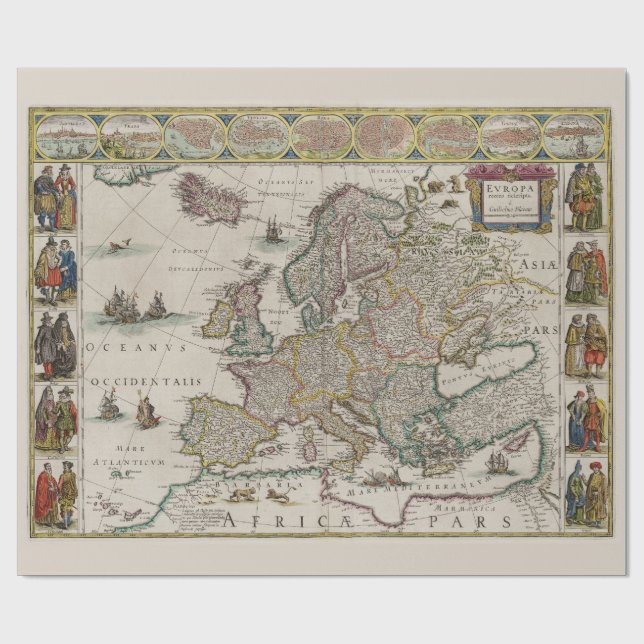 Historic Map of Medieval Europe (by Willem Blaeu) Wrapping Paper (Flat)