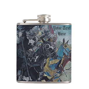 historic medieval knights jousting on horses hip flask