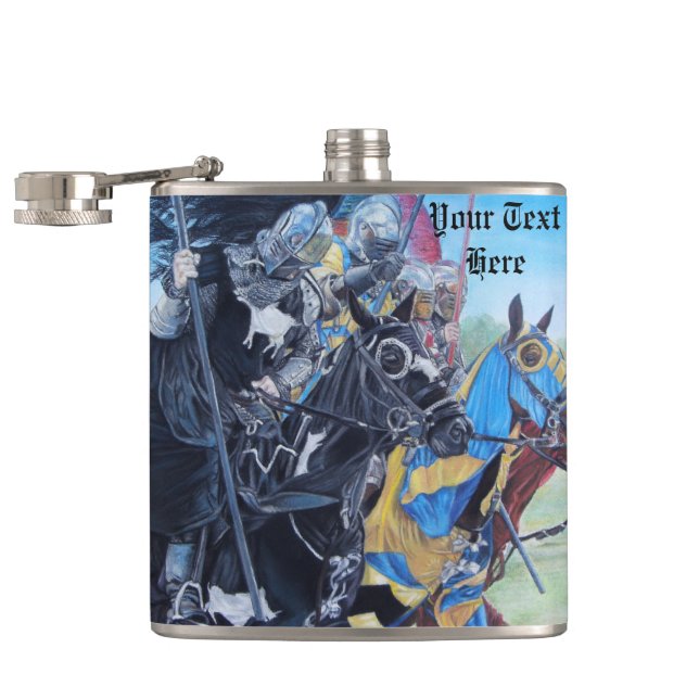 historic medieval knights jousting on horses hip flask (Opened)