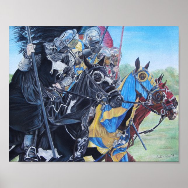 historic medieval knights jousting on horses poster (Front)