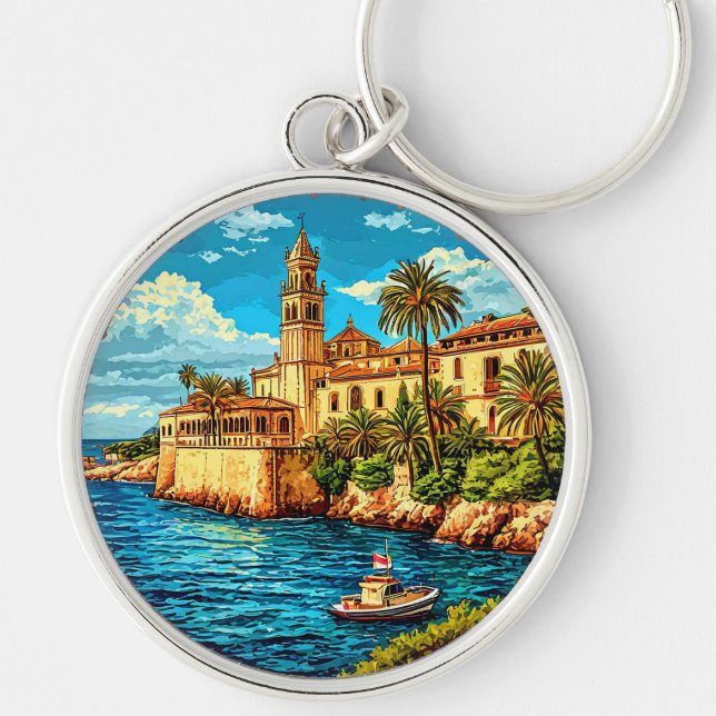 Historic Mediterranean Coastal Scene Keychain (Front)