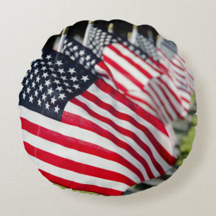 Historic military cemetery with US flags Round Pillow
