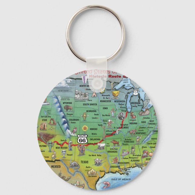 Historic Route 66 Cartoon Map Keychain (Front)