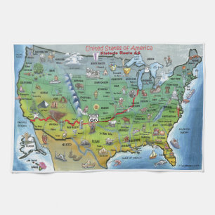 Historic Route 66 Cartoon Map Kitchen Towel