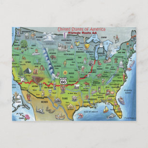 Historic Route 66 Cartoon Map Postcard