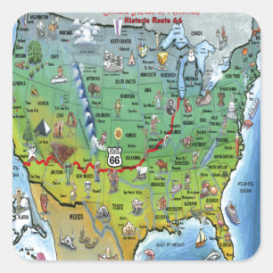 Historic Route 66 Cartoon Map Square Sticker