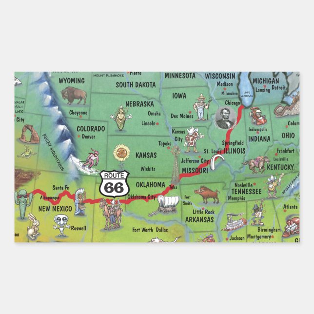 Historic Route 66 Cartoon Map Sticker (Front)
