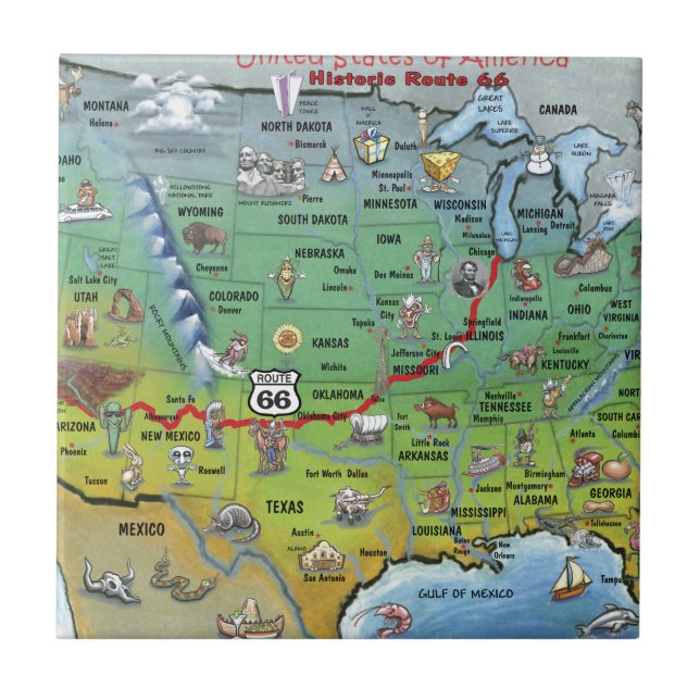 Historic Route 66 Cartoon Map Tile (Front)