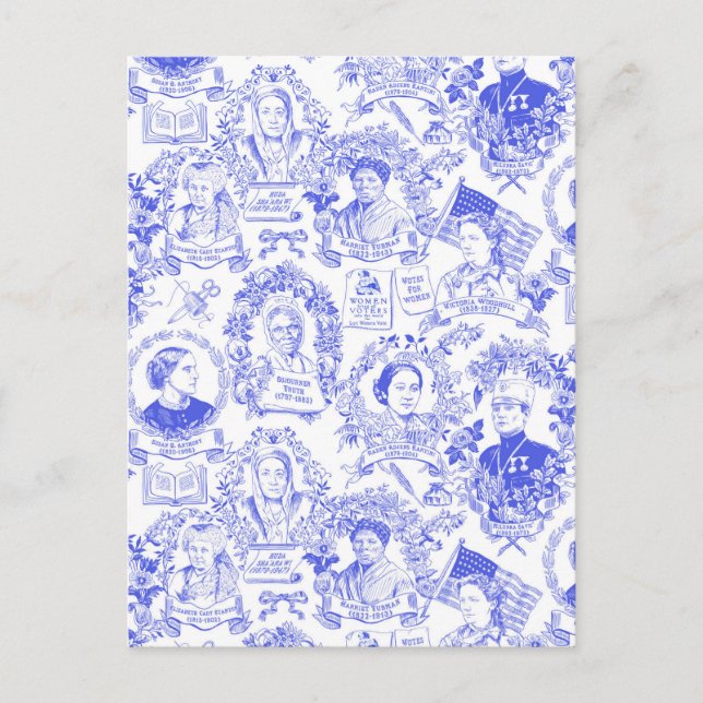 Historical Feminist Pioneers Blue Toile Postcard (Front)