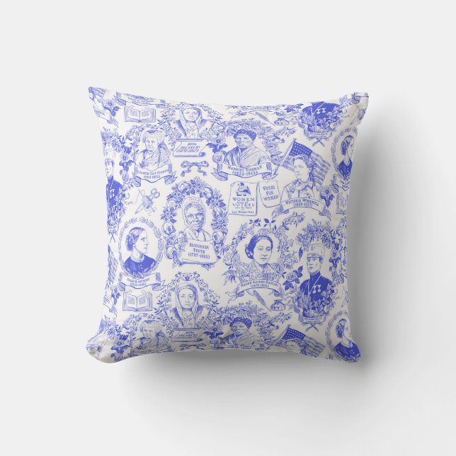 Historical Feminist Pioneers Blue Toile Throw Pillow (Front)