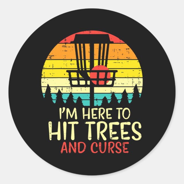 Hit Trees And Curse Sunset Retro Disc Golf Classic Round Sticker (Front)