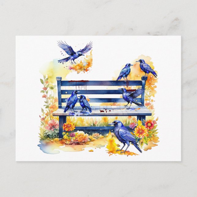 Hitchcock Day Crows on Bench Postcard (Front)