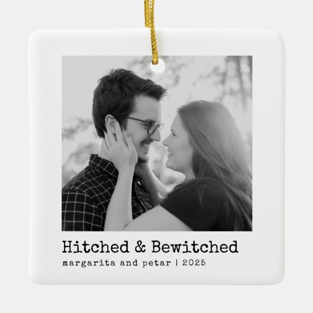 Hitched & Bewitched – Wedding Photo Minimal  Ceramic Ornament (Front)