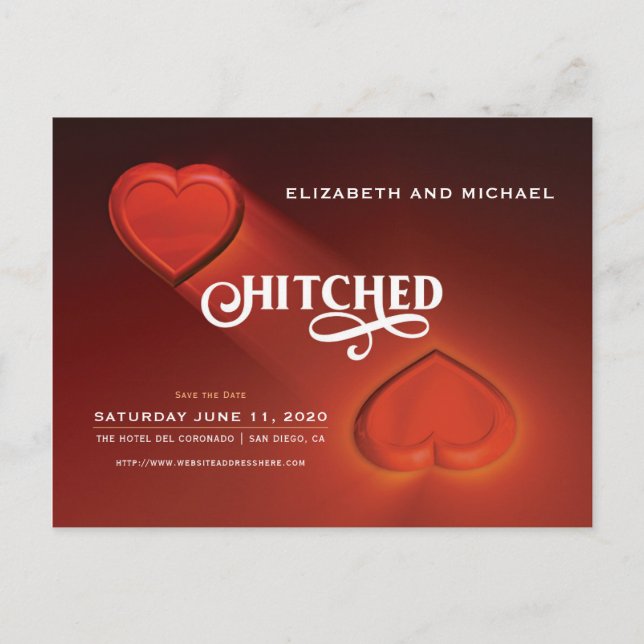 Hitched, Two Hearts Save The Date Postcard (Front)