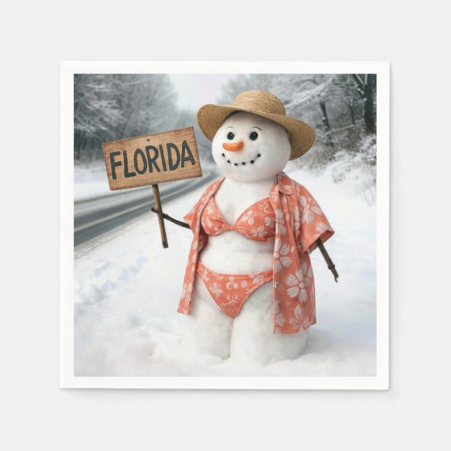 Hitchhiking Lady Snowman With Florida Sign Napkin (Front)
