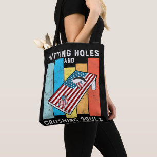 Hitting Holes Crushing Souls Retro Cornhole Tote Bag