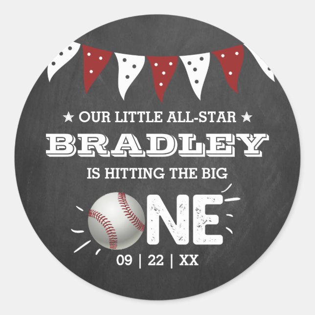 Hitting The Big One | Baseball 1st Birthday Classic Round Sticker (Front)