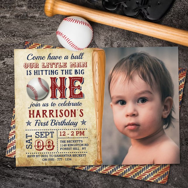 Hitting The Big One Baseball 1st Birthday Photo Invitation (Creator Uploaded)