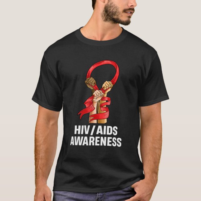 HIV AIDS Awareness Month Red Ribbon Hand World Aid T-Shirt (Front)
