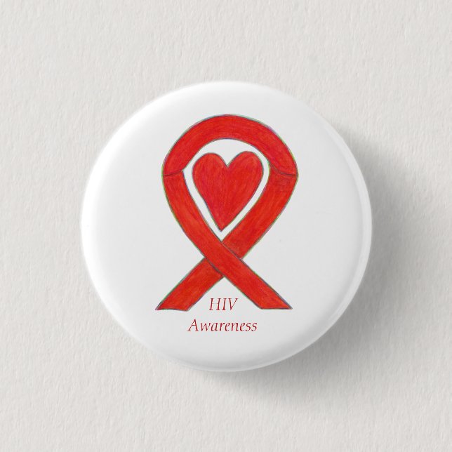 HIV Awareness Heart Ribbon Custom Art Pin (Front)