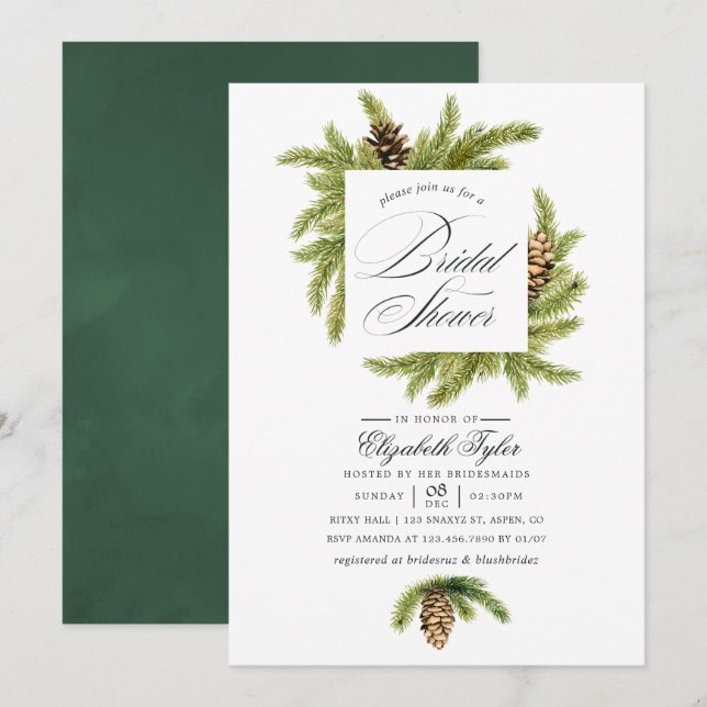 Hiver Aquarelle Pines Douche nuptiale Invitation (Devant / Derrière)