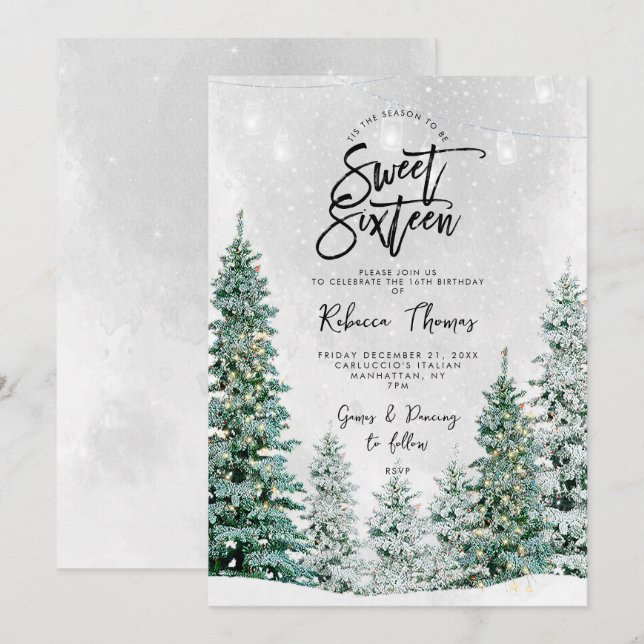 hiver arbres doux 16 anniversaire invitation (Devant / Derrière)