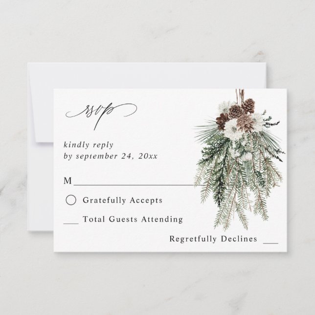 Hiver Blanc Floral & Pin no Repas RSVP (Devant)