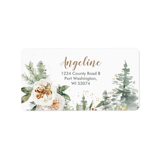 Hiver Blanc Floral Pine Étiquette de adresse (Devant)
