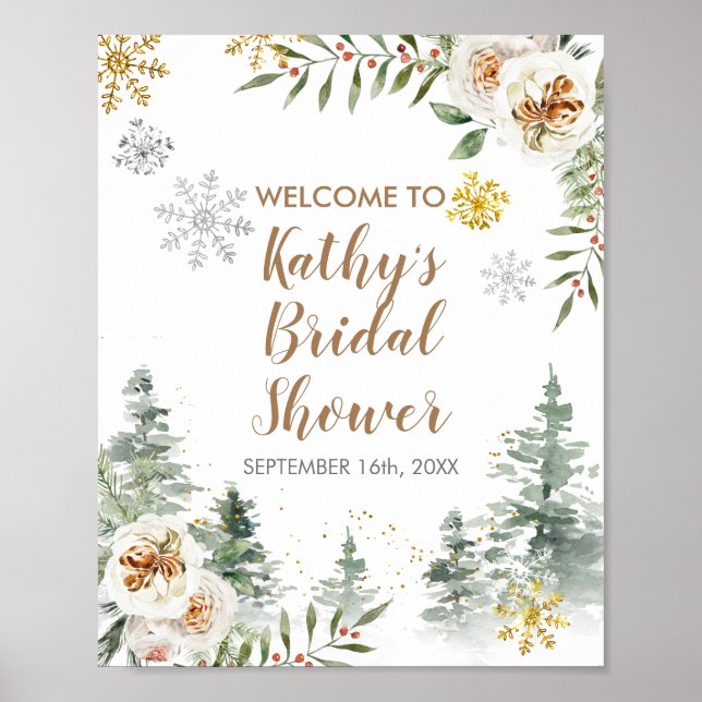 Hiver Blanc Floral Pine Trees Affiche de bienvenue (Devant)