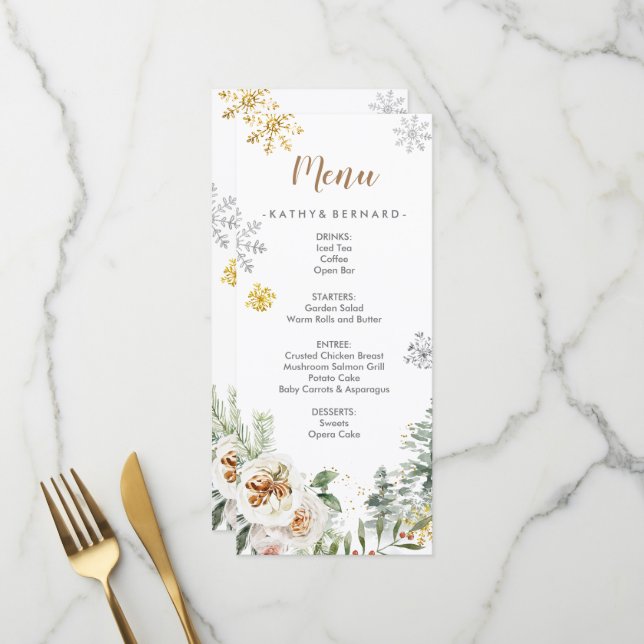 Hiver Blanc Floral Pine Trees Mariage Menu Card (Devant/Arrière en situation)