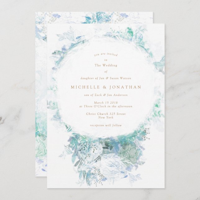 Hiver Blue Green Flowers Boho Faire-part de mariag (Devant / Derrière)