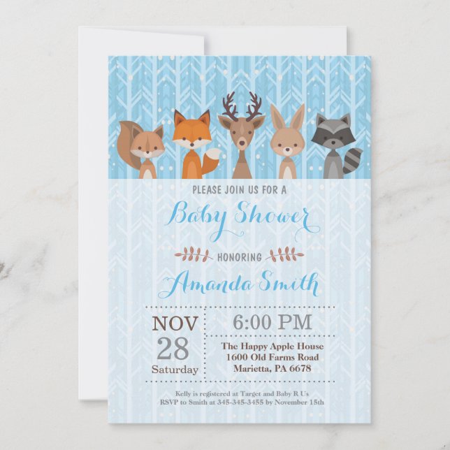 Hiver Bois Animaux Baby shower Invitation (Devant)