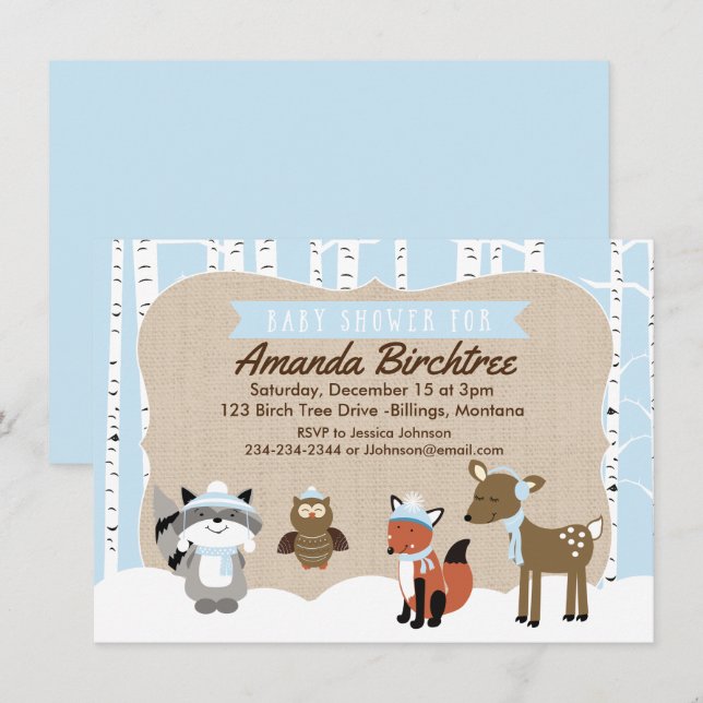 Hiver Bois Animaux Baby shower Invitation | Bleu (Devant / Derrière)