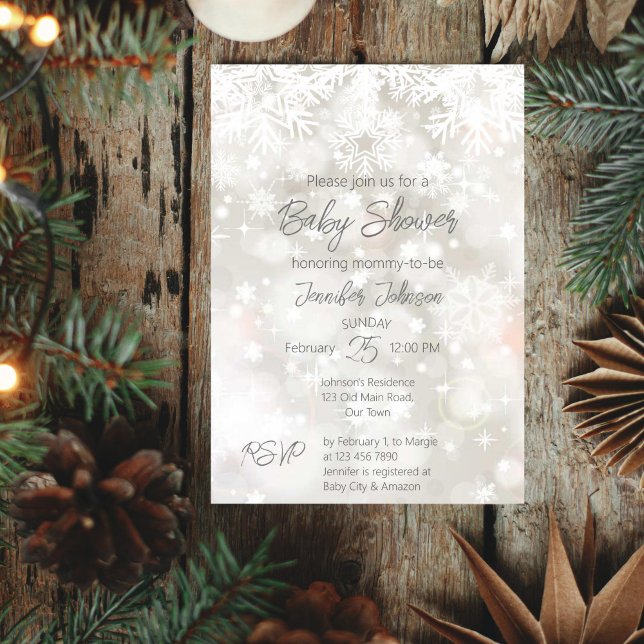 Hiver couleurs pastel enneigé invitation baby show (Winter baby shower editable template invitation pastel snowflake bokeh modern casual font)
